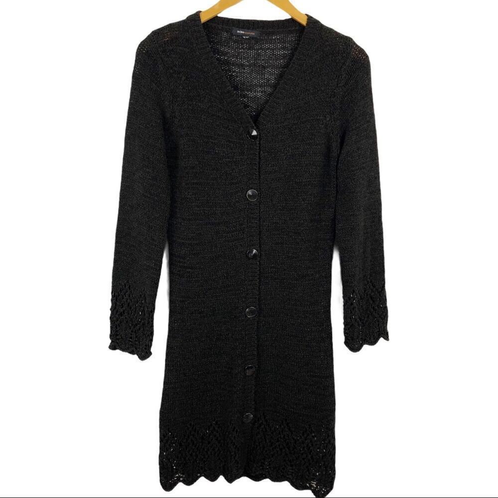 BCBGMaxazria Crochet Knit Brown Long Cardigan Large Scalloped Hem